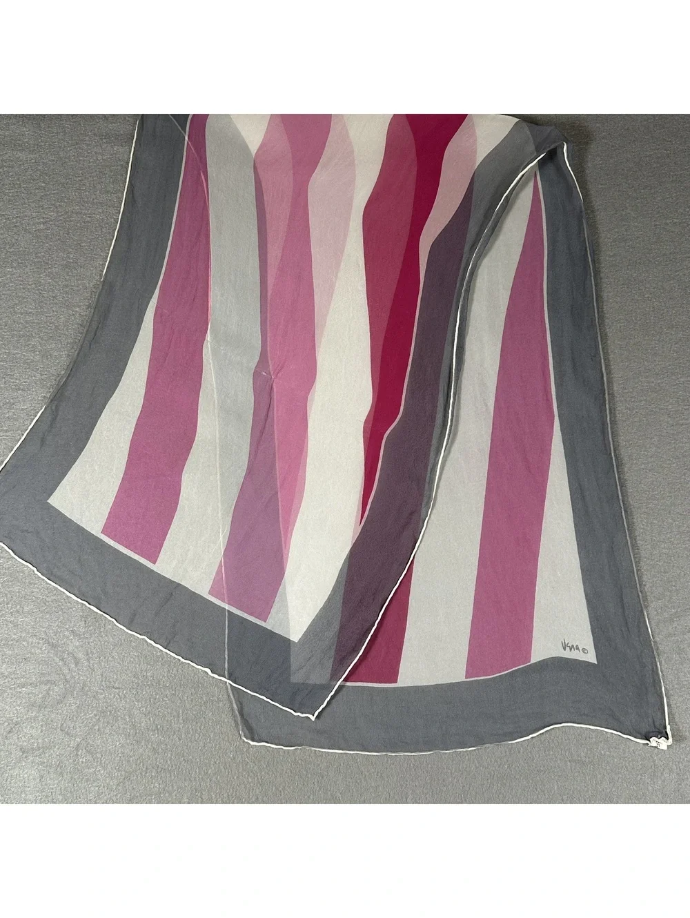 Vera Neumann Vintage Pink, White, and Gray Striped Scarf